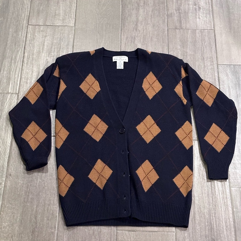 Vintage Rena Rowan for Saville Petite Navy and Tan Argyle Cardigan Petite Small